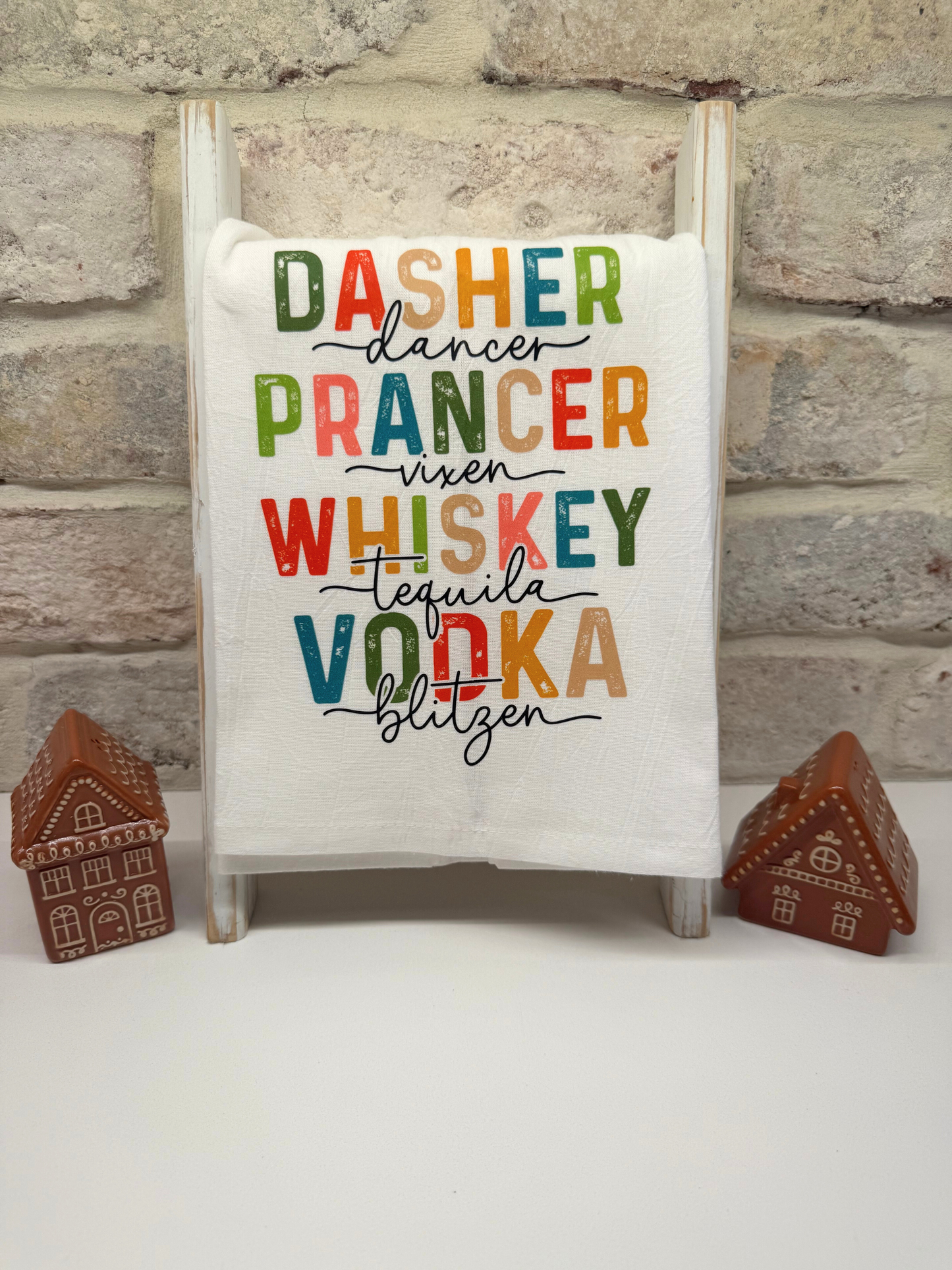 Dasher Prancer Whiskey Vodka Tea Towel